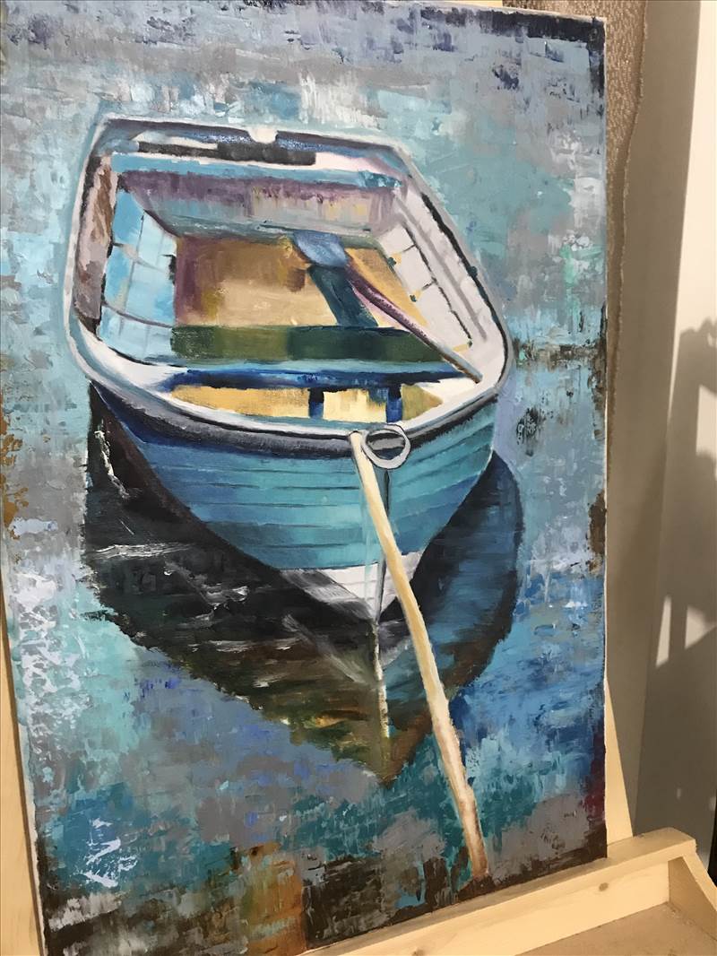 نقاشی قایق با رنگ روغن و کاردک